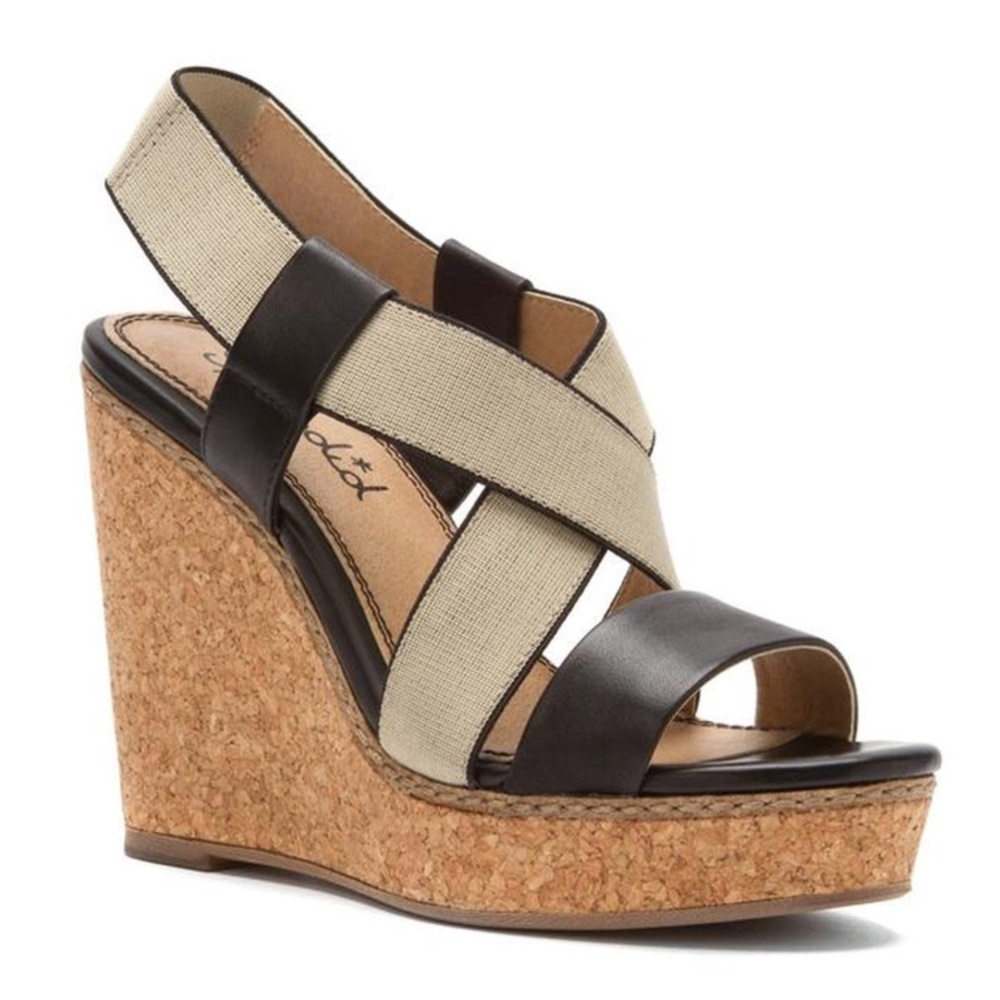 Anthro • Splendid Kellen Wedge Sandals Black/Tan